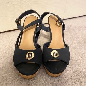Tommy Hilfiger Navy Blue Logo Open Toe Cork Wedges